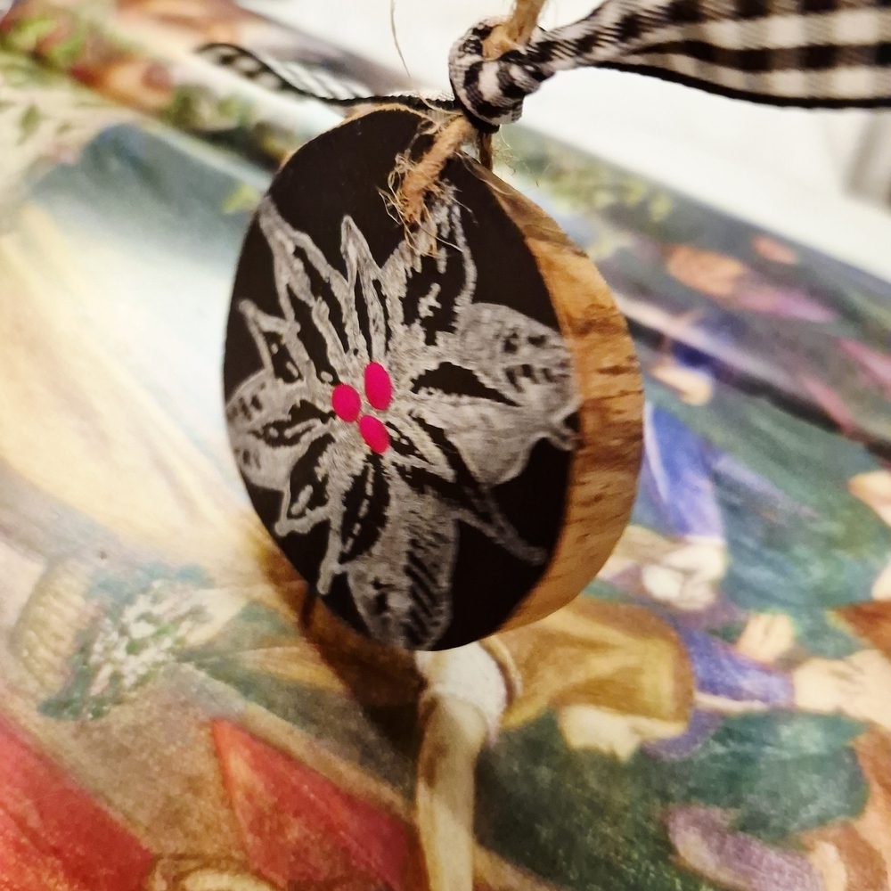 Handcrafted  Wooden Round Christams  Ornament with Black and White Design - Picture 10 of 10
